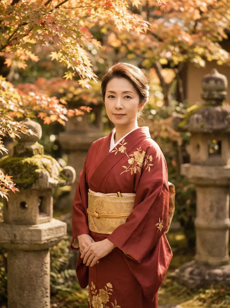 一位身穿暗红色和服的优雅 杏彩体育官网平台 在日式庭院中