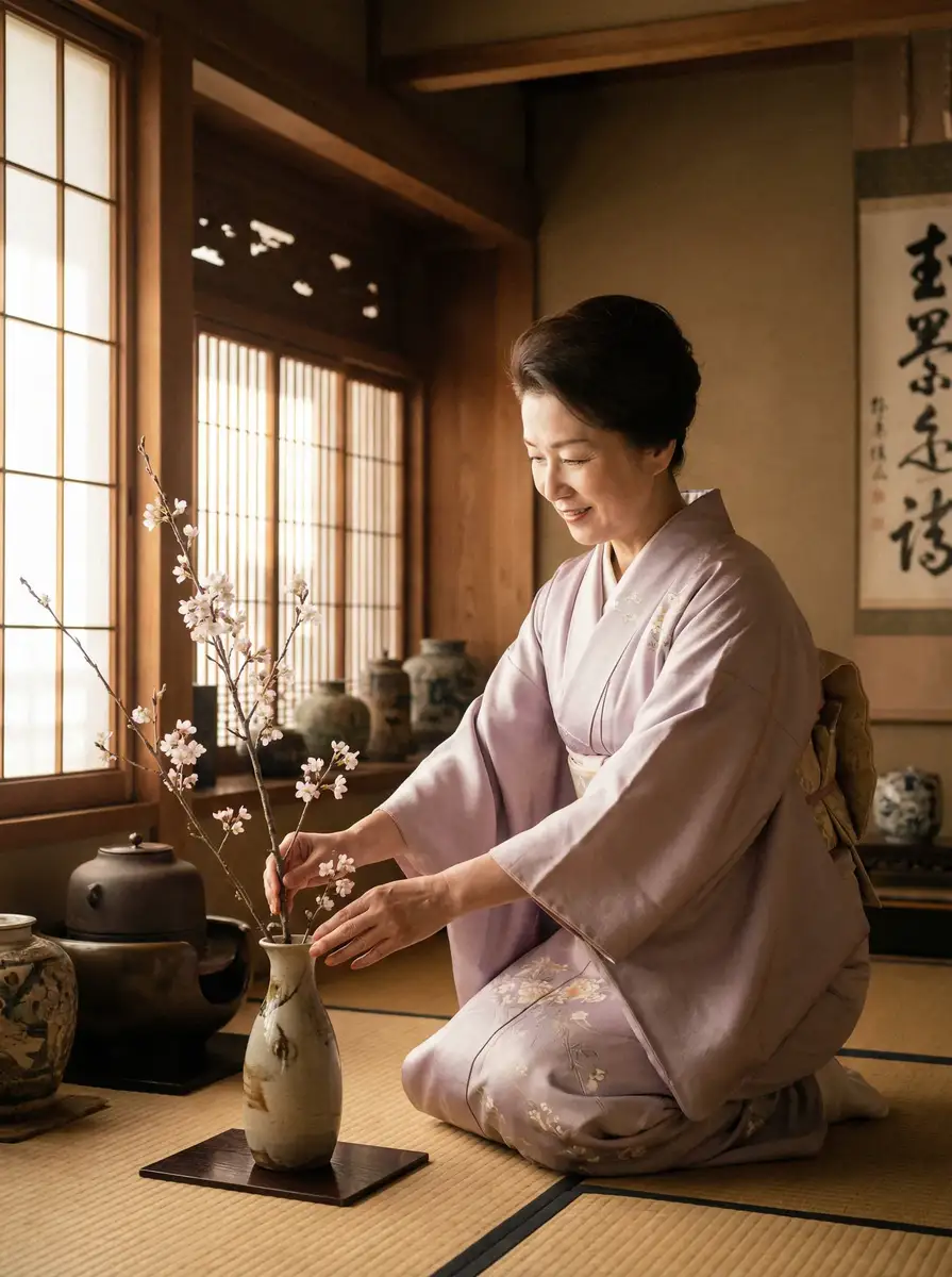 一位优雅的 杏彩体育官网平台 在和室中插花